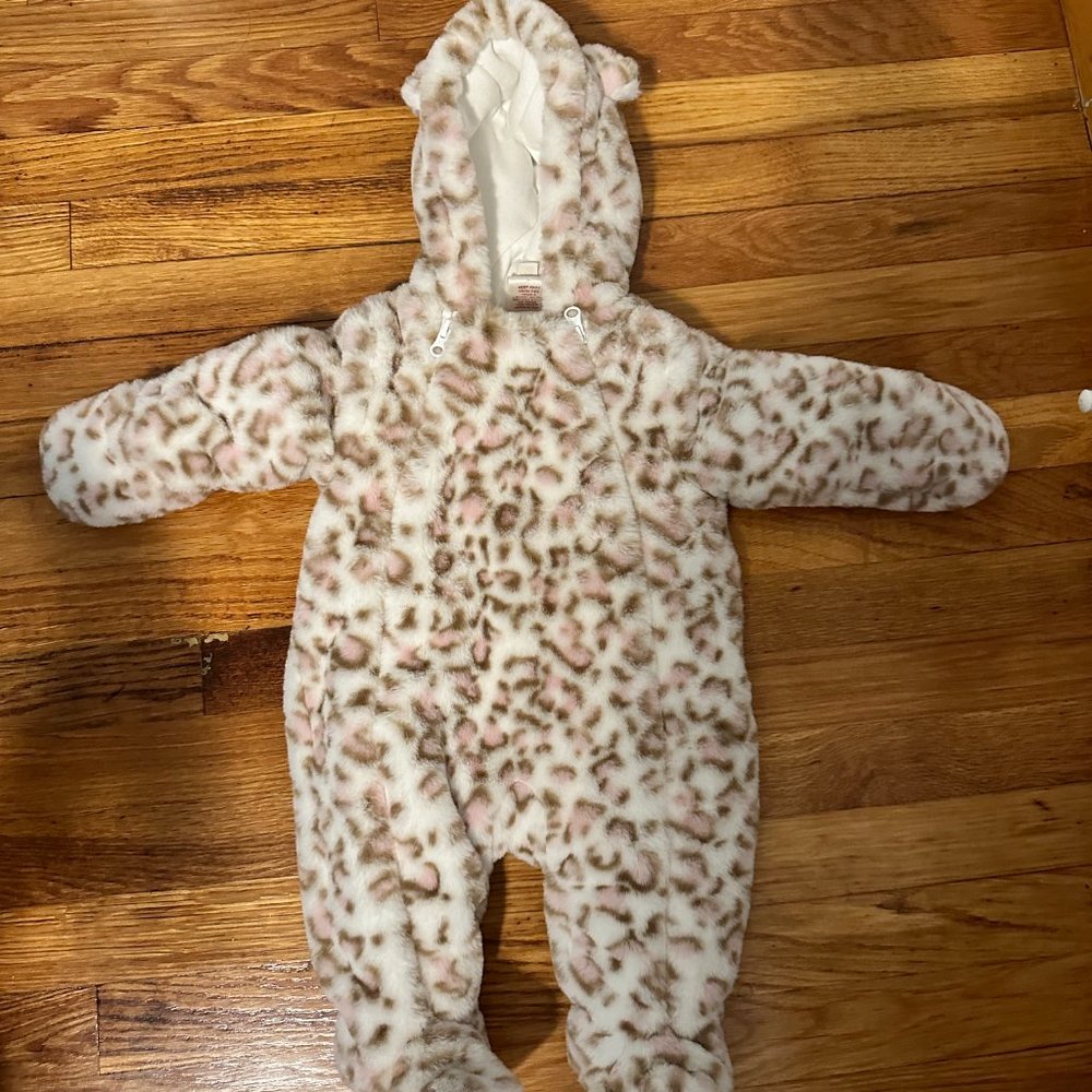 SOLD - First Wish Baby Sherpa Winter Bear One Piece - Pink and Tan Leopard Print